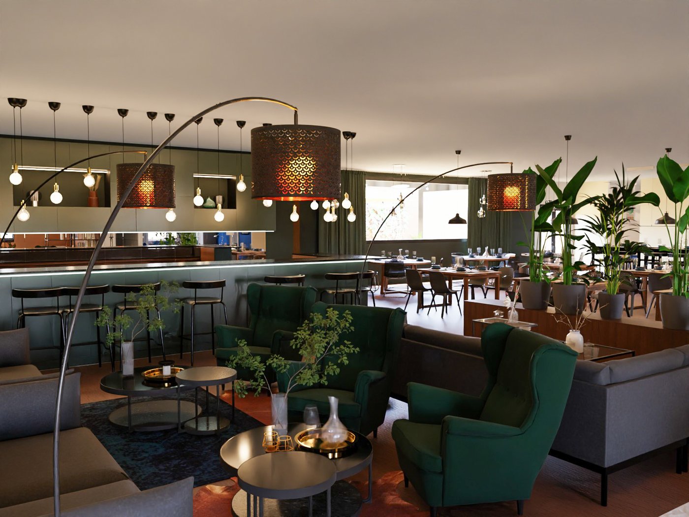 Teil eines Hotelrestaurants. Im Vordergrung verschiedene Sitzmöbel, Couchtische und Stehlampen. Im Hintergrund eine Bar und Essplatzlösungen.