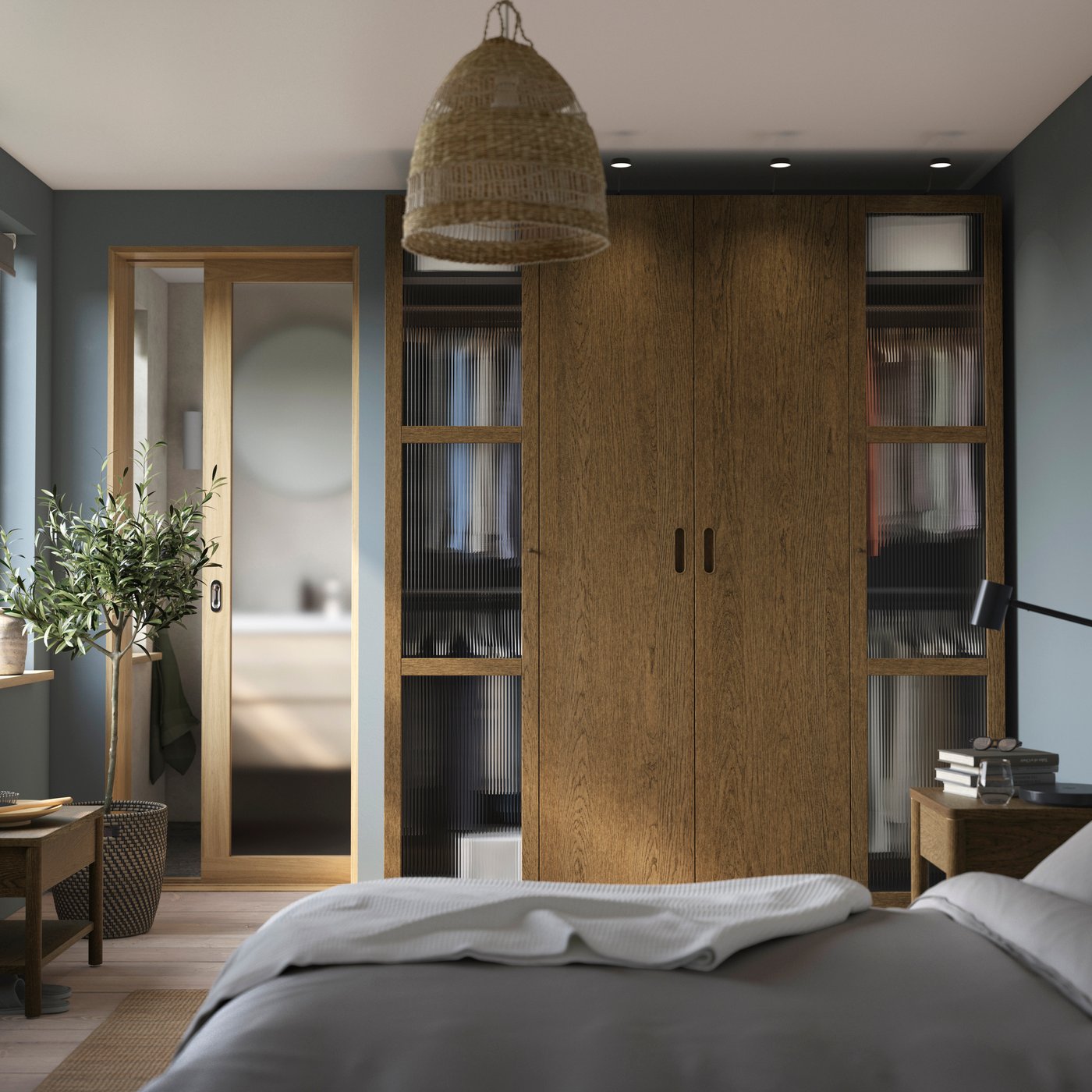 IKEA PAX / TONSTAD garderobskombination, mörkgrå brun/betsad ekfaner glas, 200x60x236 cm