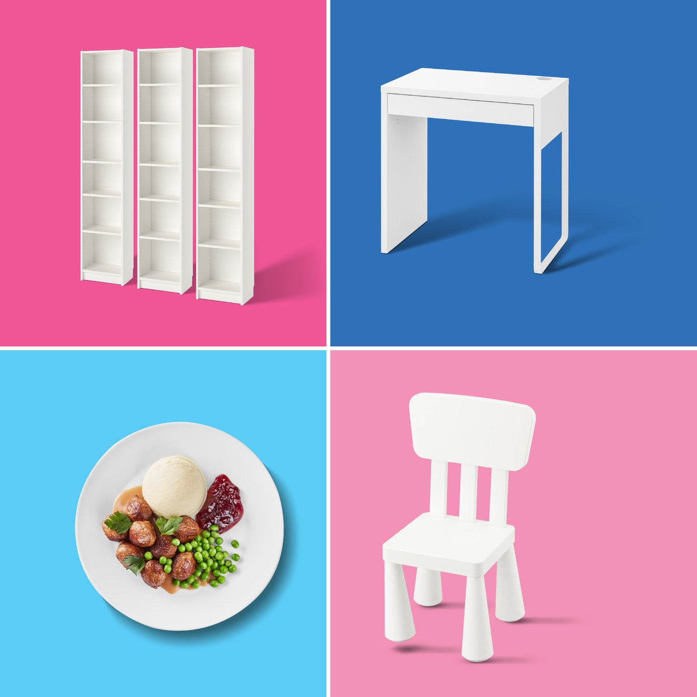 Mreža s štiribarvnimi celicami, v kateri so IKEA izdelki: knjižna omara, miza, stol in mesne kroglice