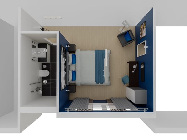 Grundriss eines Hotelzimmers mit Bad aus der Vogelperspektive. Rechts ein Doppelbett und verschiedene Aufbewahrungsmöbel, links ein Badezimmer mit einem Waschtisch, einer Toilette und Dusche.