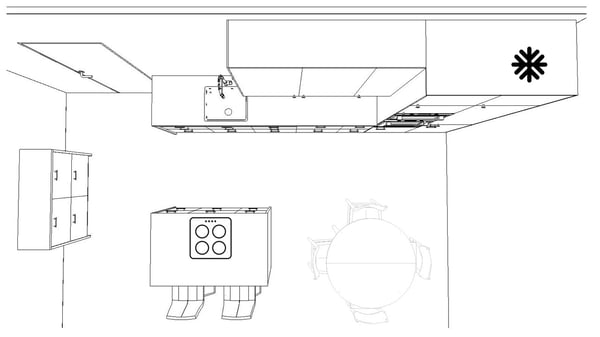 The floorplan of a linear kitchen with a small island 