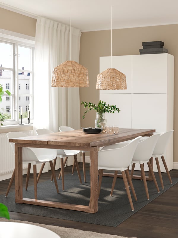 An oak veneer brown stained/white MÖRBYLÅNGA table and 6 armchairs