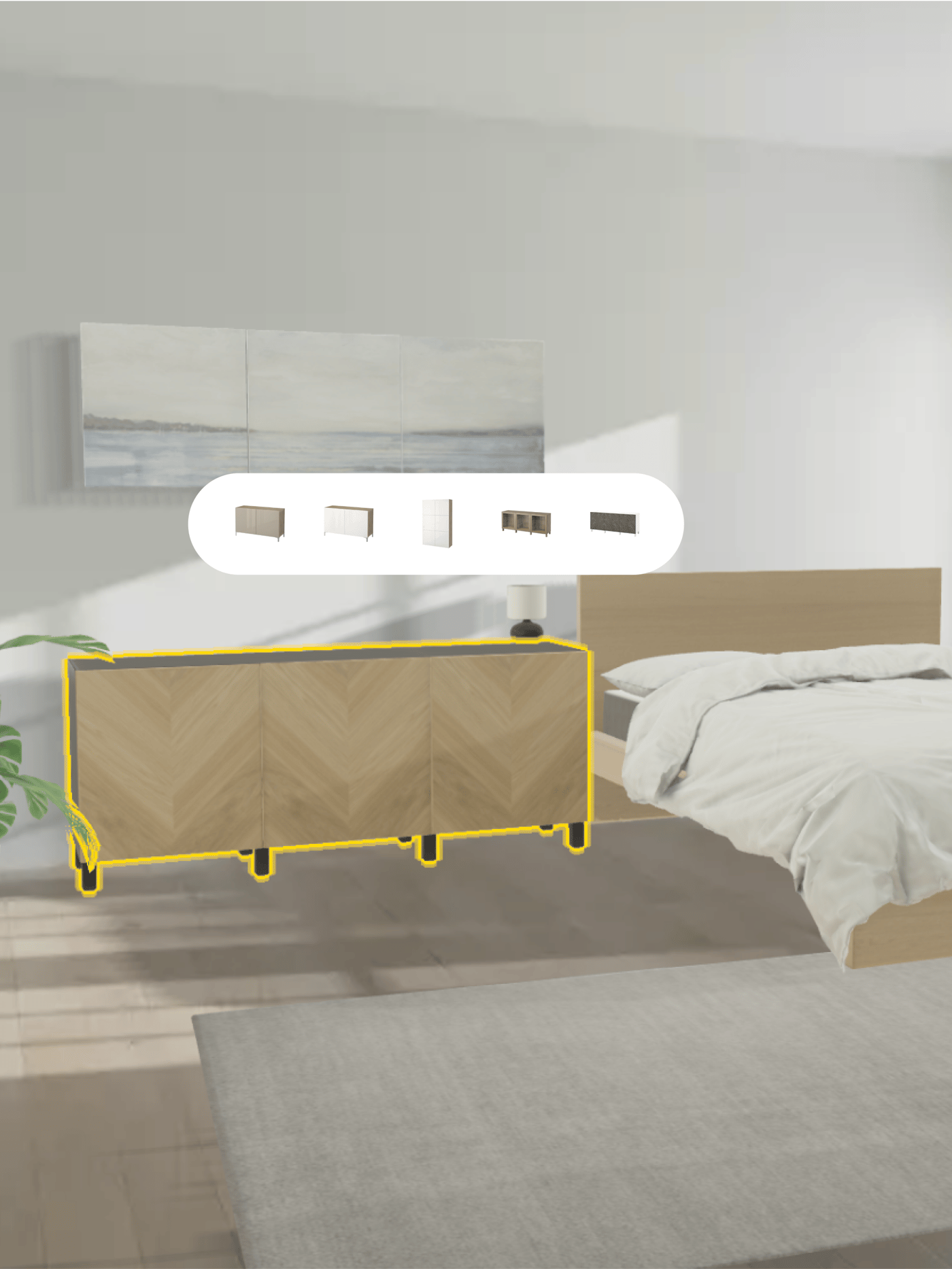 IKEA Kreativ z przymiarką szafek BESTÅ w przestrzeni sypialni.