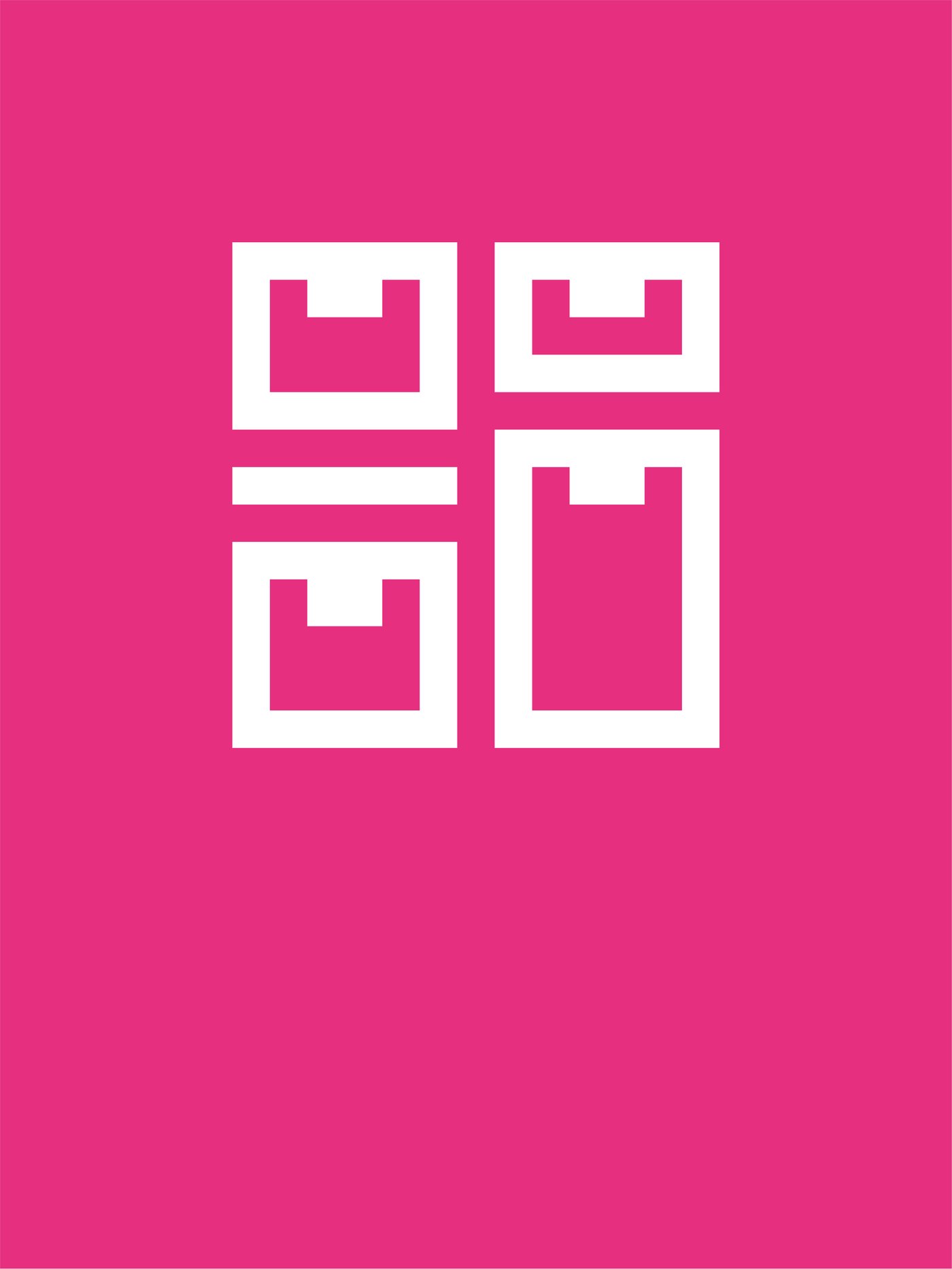 White icon on bright pink background representing storage organisers. 
