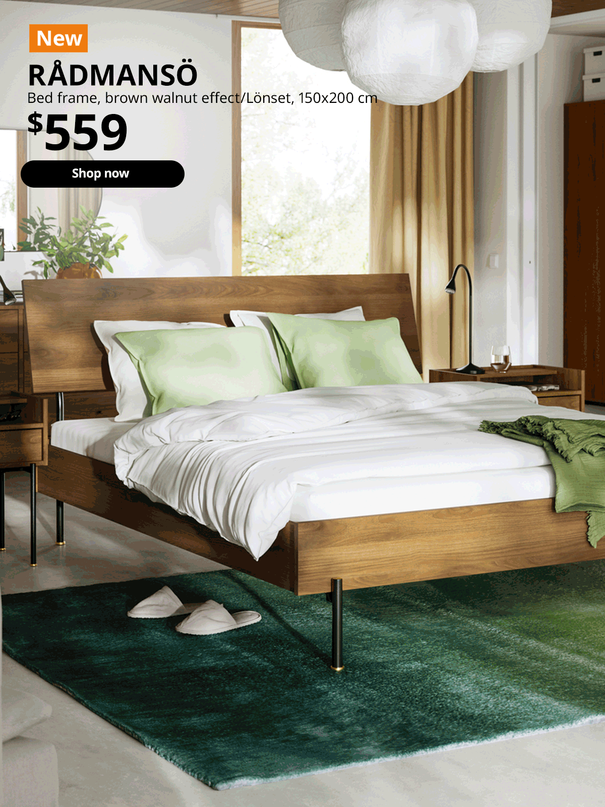A brown walnut-effect RÅDMANSÖ bedside table and bed in a modern bedroom.