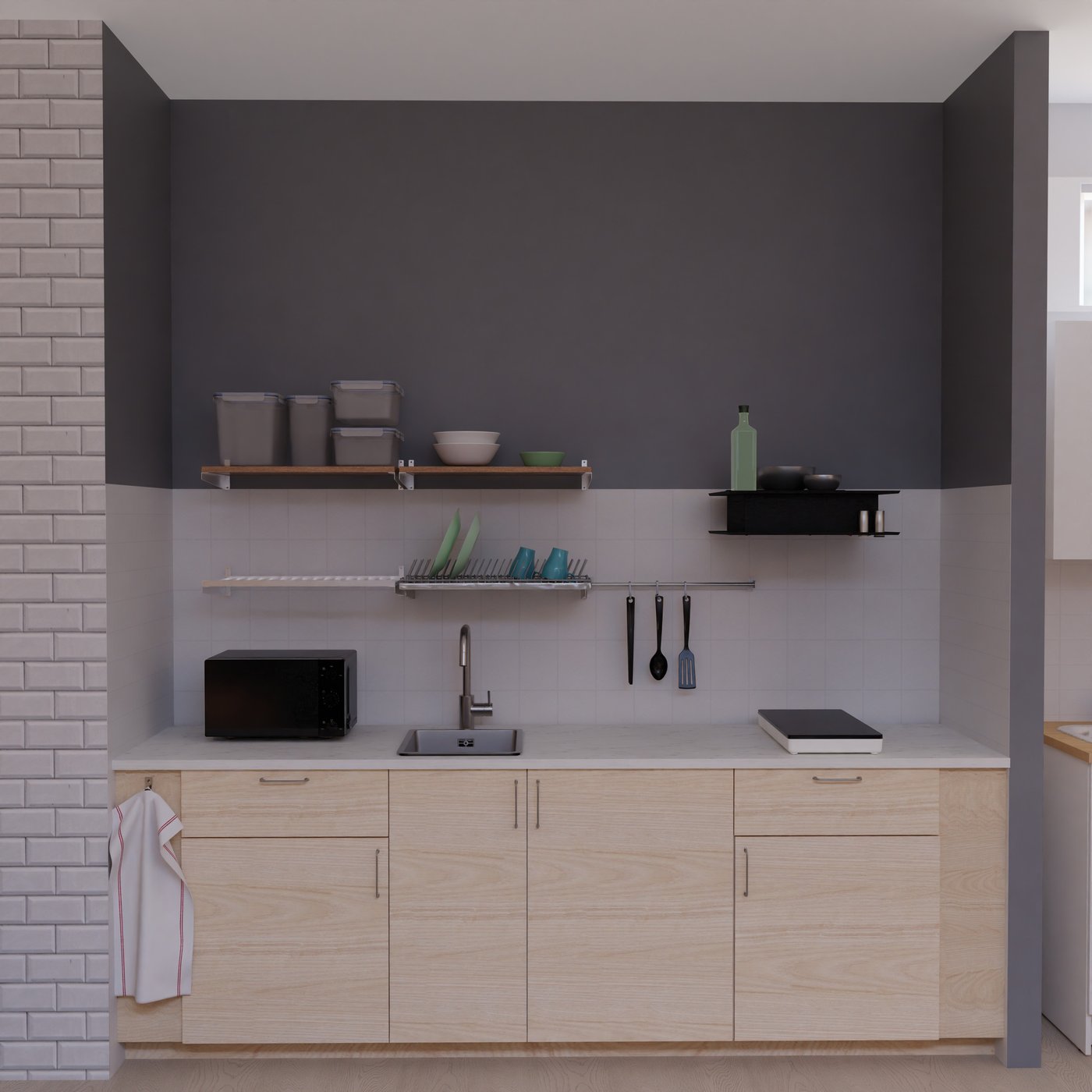 Moderne Küche mit hellen Holzschränken, weißer Arbeitsplatte und grauer Wand. Spüle, Mikrowelle, Kochfeld und offene Regale