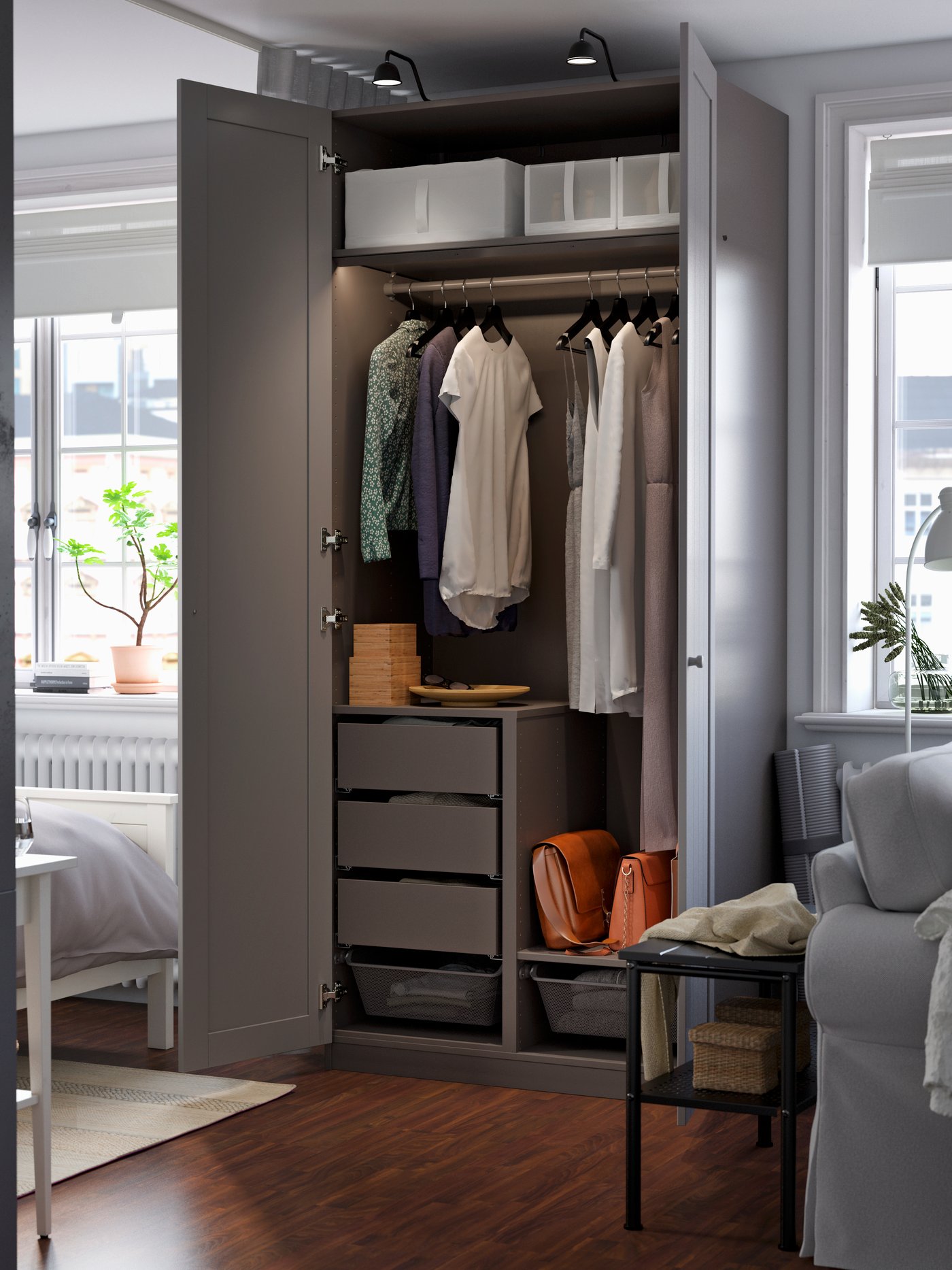 A dark grey/grey GULLABERG wardrobe combination