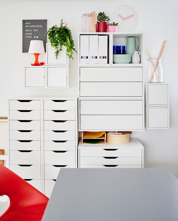 A white EKET cabinet with 2 drawers