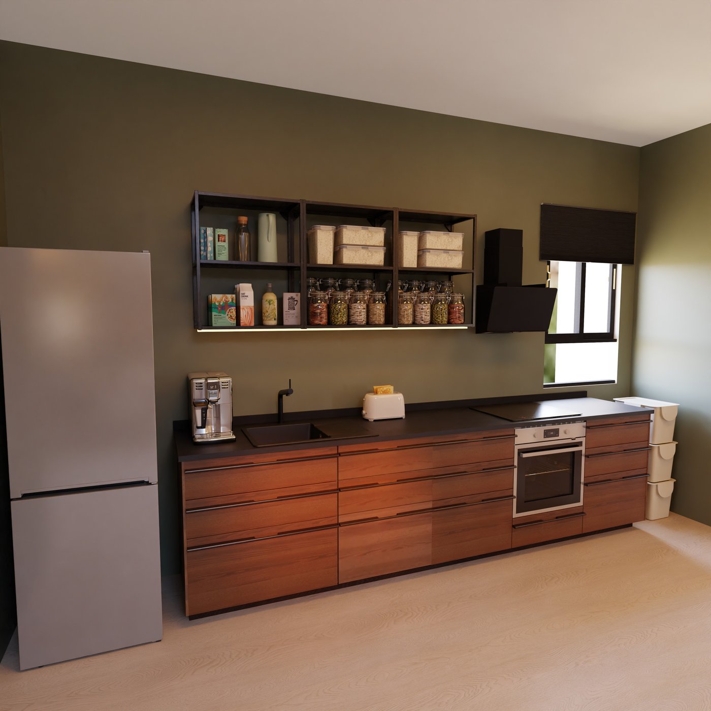 Moderne Küche mit dunklen Holzschränken, grünlicher Wand, Kühlschrank, Kaffeemaschine, Spüle, Ofen, Herd und offenen Regalen. Heller Holzboden