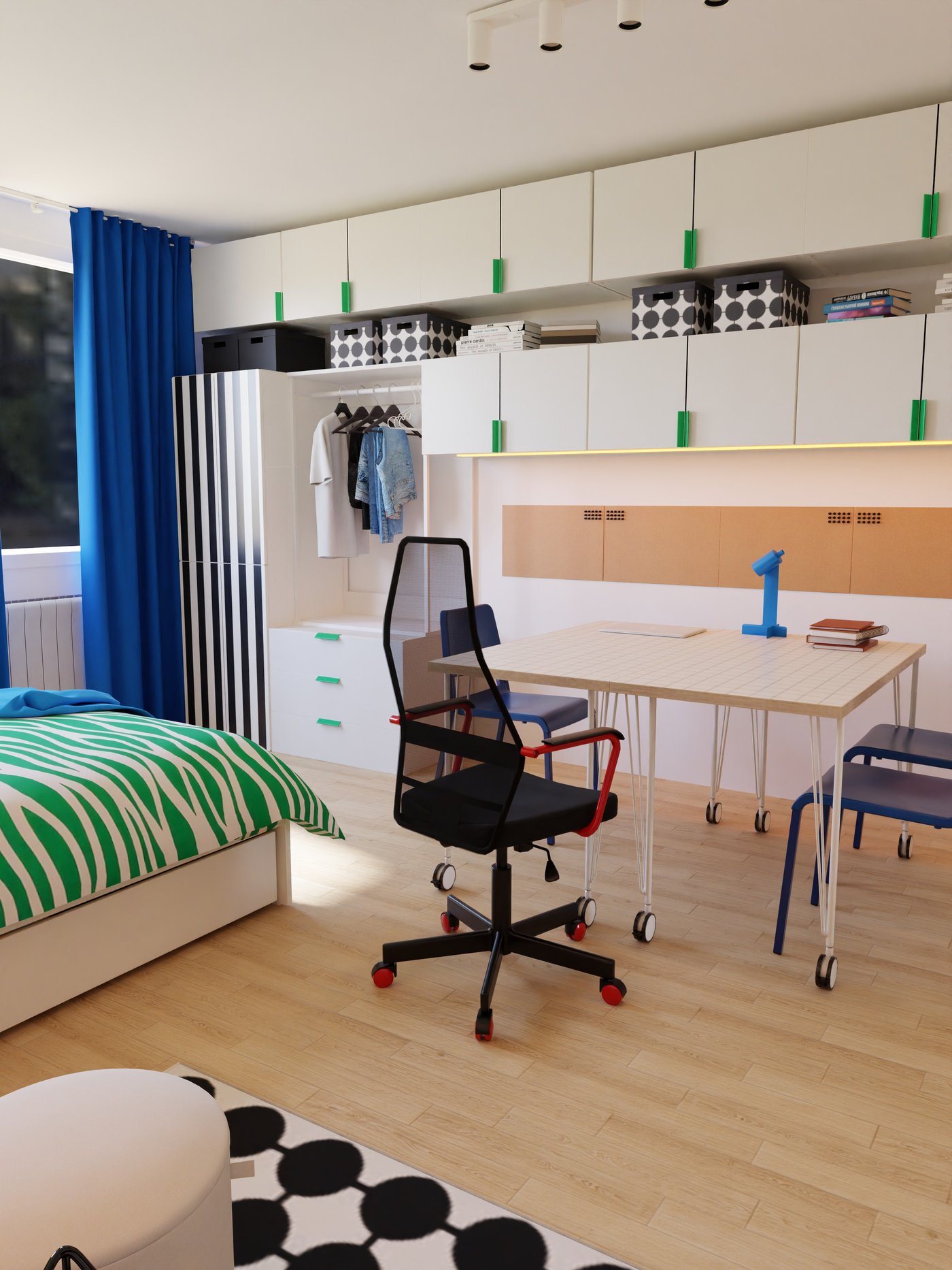 Tagesansicht der Aufbewahrungslösung mit großem Tisch und indirekter Beleuchtung.