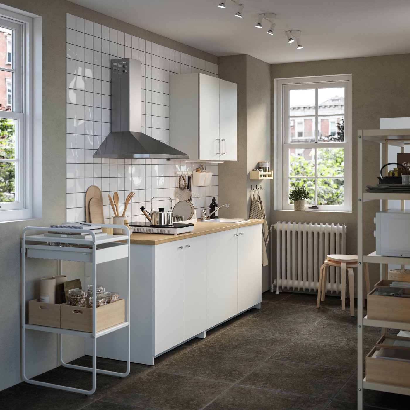 A stripe/grey beige MARIATHERES tea towel in the kitchen