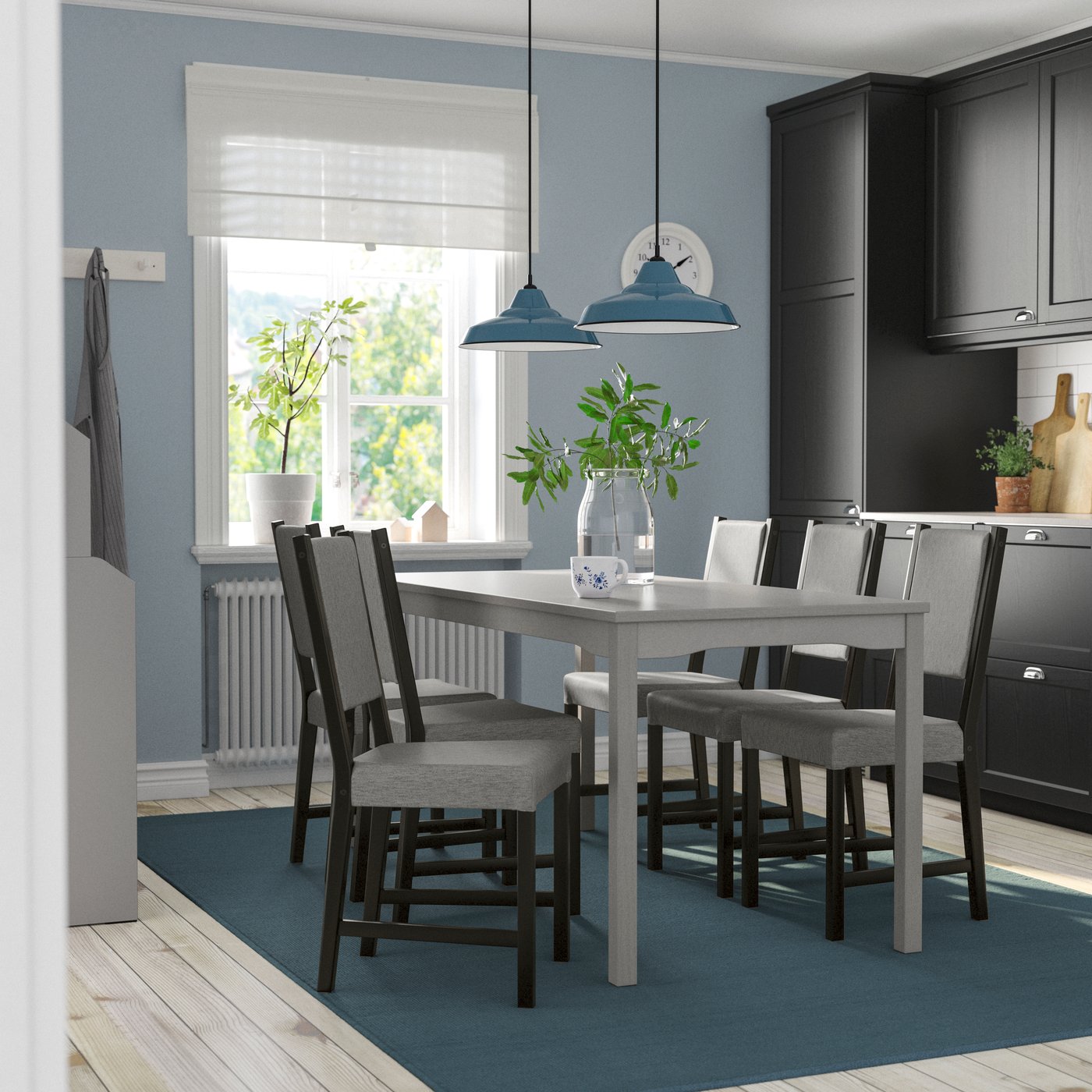 A grey/brown-black Knisa grey/beige STEFAN table and 6 chairs