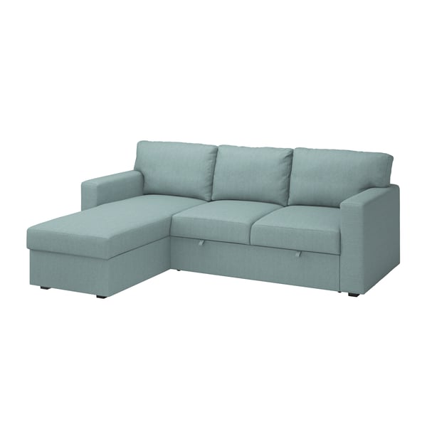 A Tibbleby light grey-turquoise BÅRSLÖV 3-seat sofa-bed with chaise longue