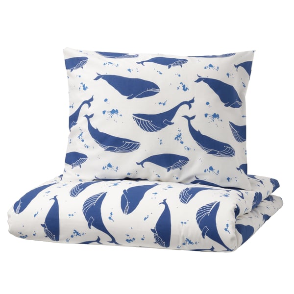 BLÅVINGAD ブローヴィンガード 掛け布団カバー＆枕カバー, クジラ模様 ブルー/ホワイト