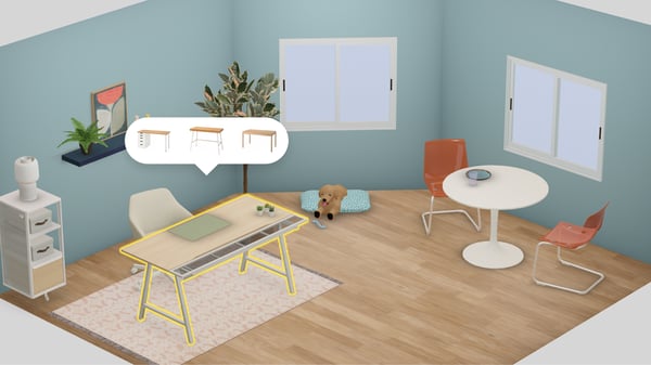 Ein Raumausschnitt zeigt einen Arbeitsplatz mit Schreibtisch und Bürostuhl der mit einem kostenlosen 3D Raumplaner geplant wurde.