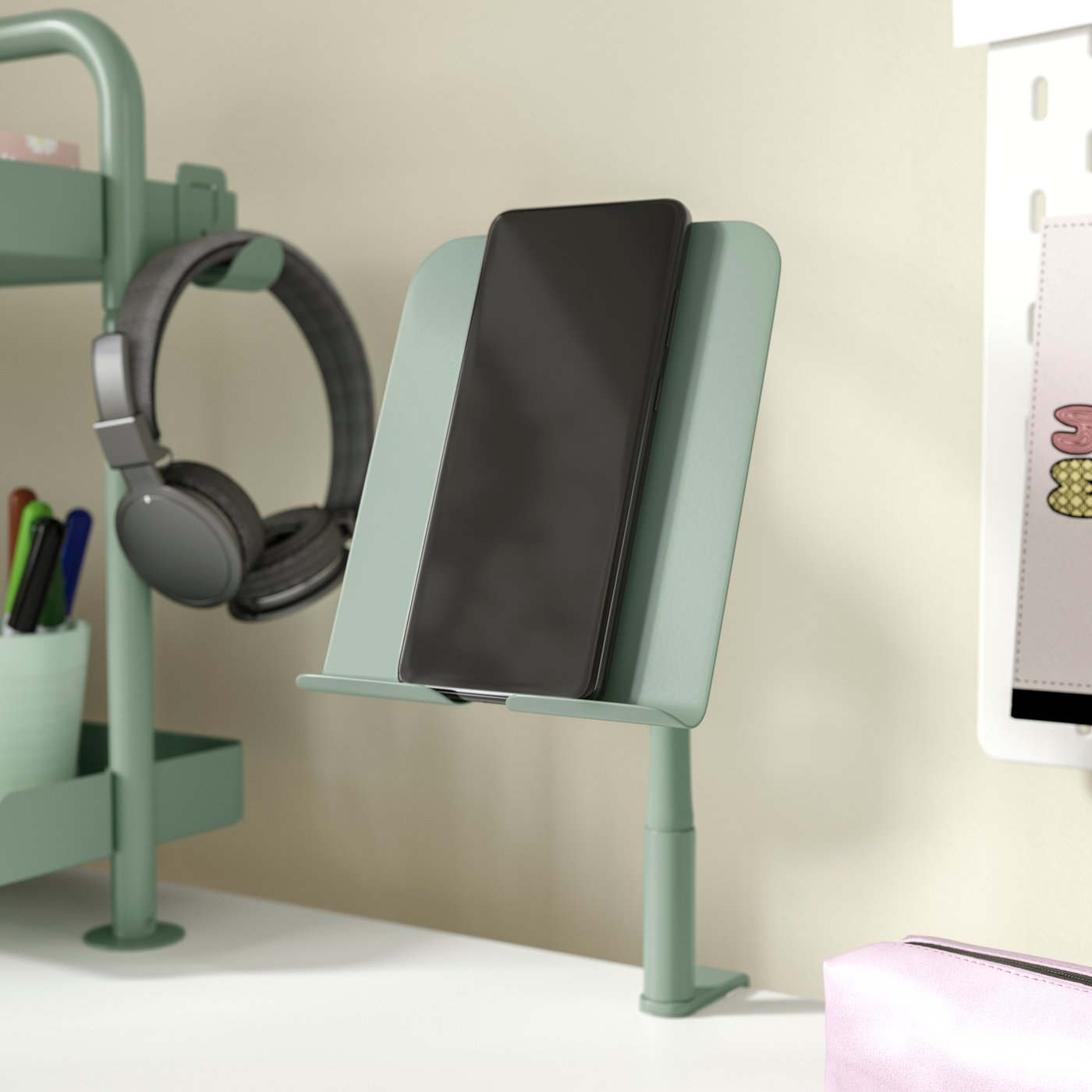 A white/light grey-green RELATERA desk combination