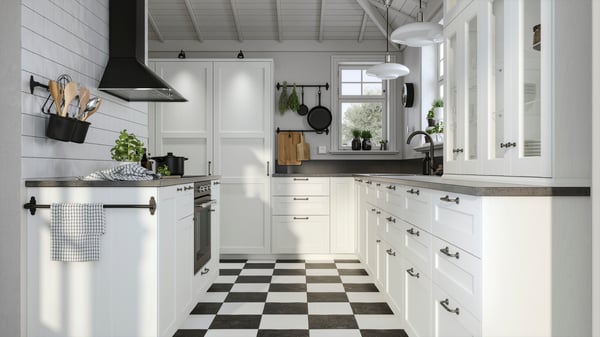 A parallel ENKÖPING white shaker kitchen with door and drawer fronts.