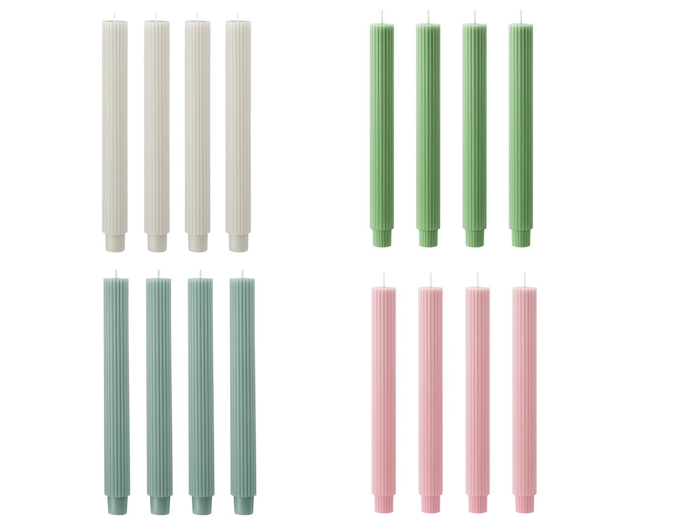 Kollagebild på fyra olike fyrpack ljus i beige, grön, blå och rosa mot vit bakgrund.