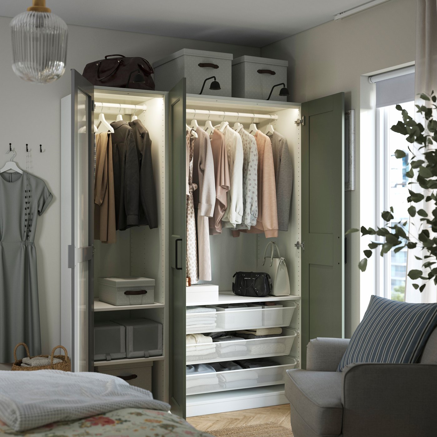 A white mirror glass/grey grey-green PAX wardrobe combination