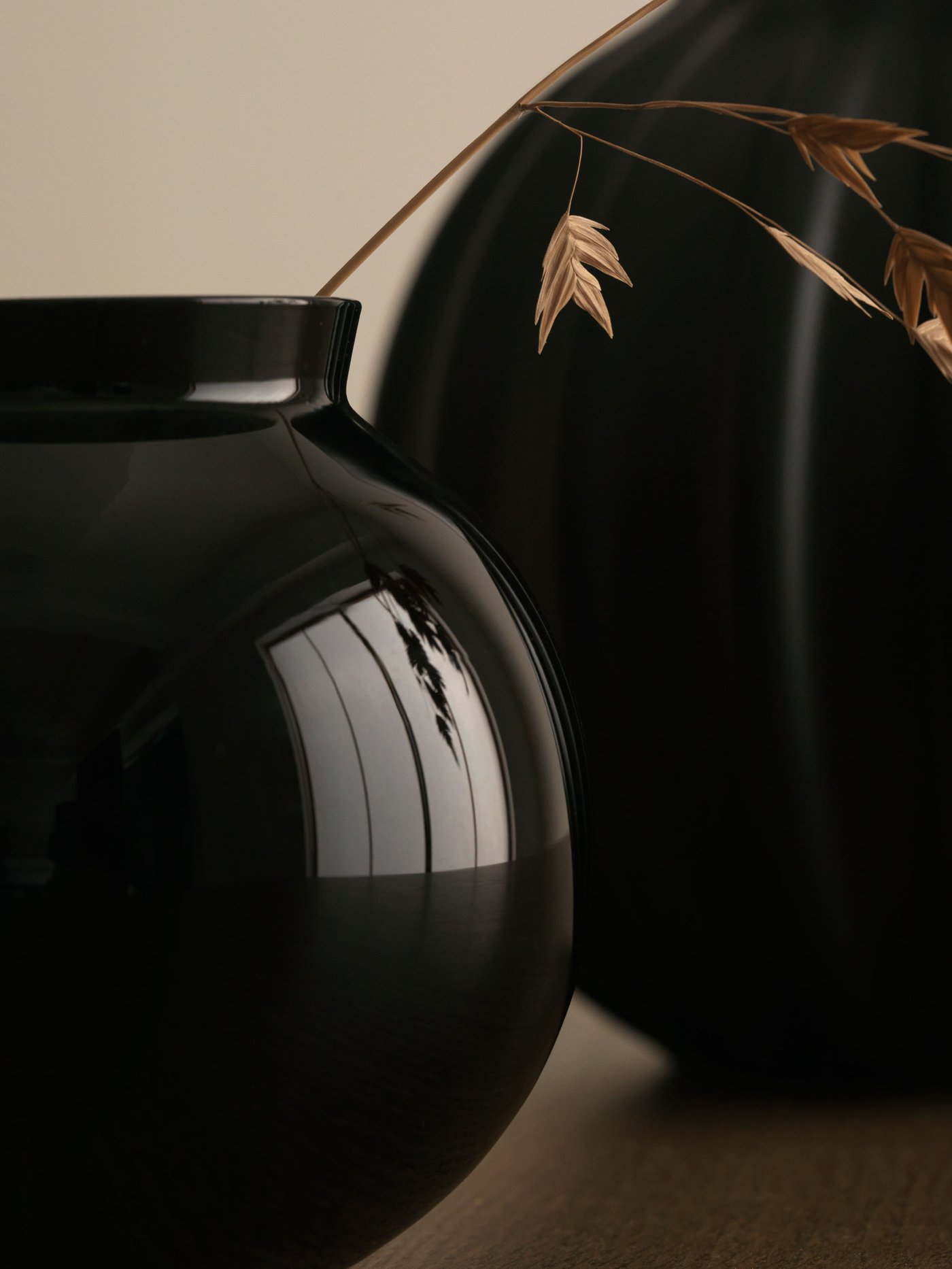 A close-up of two elegant, dark glossy vases, perfect for adding a touch of sophisticated style to any room. In the foreground, a beautifully curved vase reflects its surroundings, hinting at the light and textures nearby. Behind it, a taller vase holds delicate dried grasses, bringing a subtle, natural element to the display. These pieces are wonderful for creating a calm and inviting atmosphere, showcasing how simple, well-designed items can make a big difference in your home.