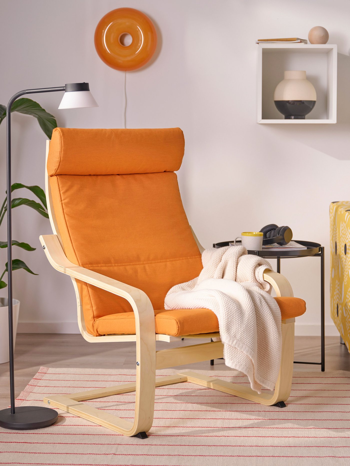 A birch veneer/Knisa bright orange POÄNG armchair