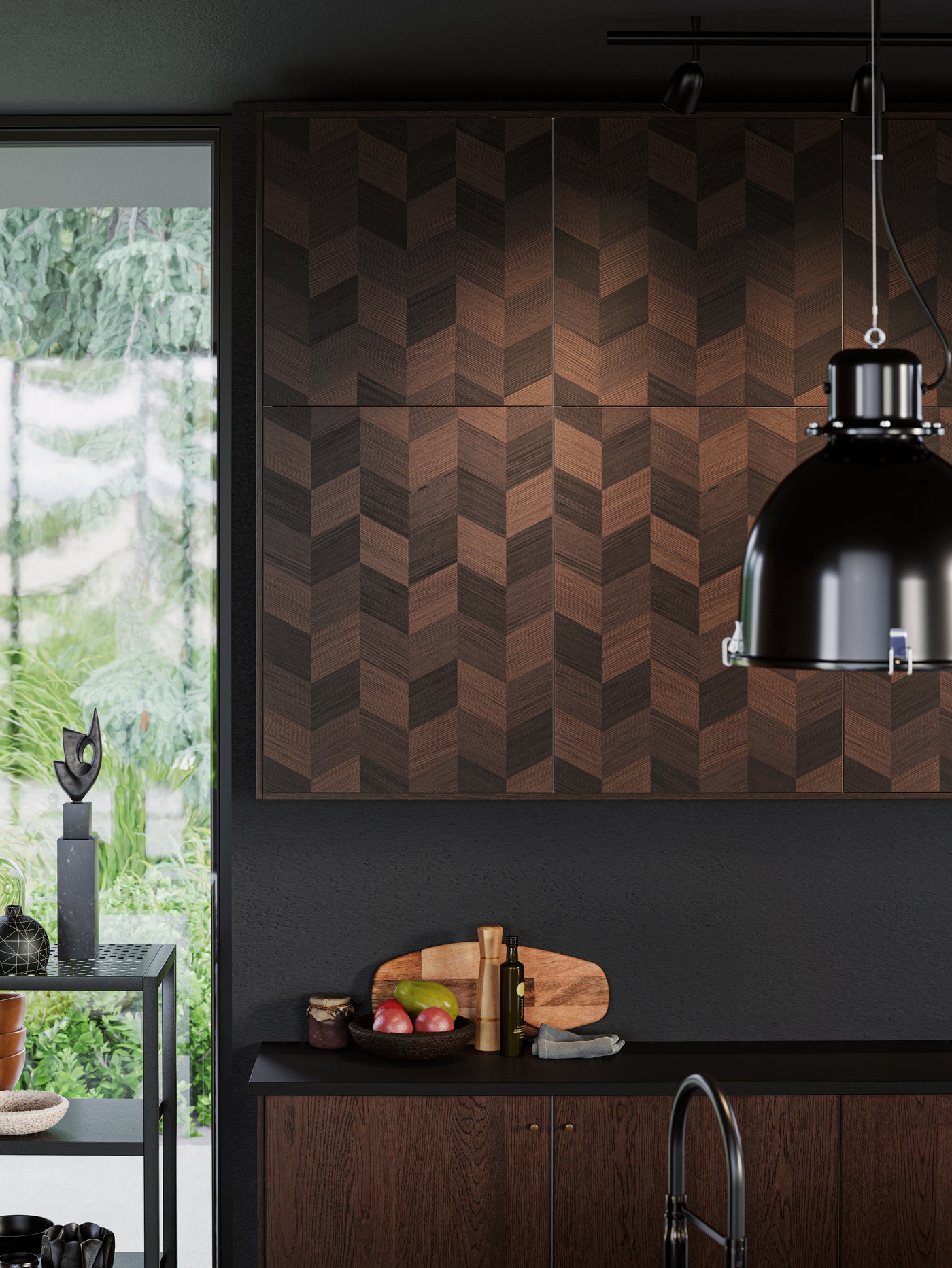 A brown kitchen with HASSLARP patterned doors