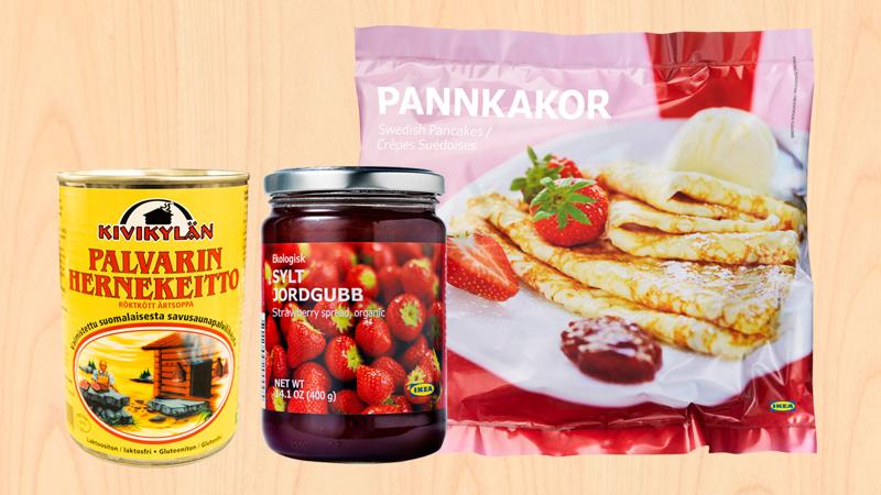 Kuvaan on koottu herkkutorin tarjouksen tuotteet. Hernekeitto, pannukakut ja mansikkahillopurkki.