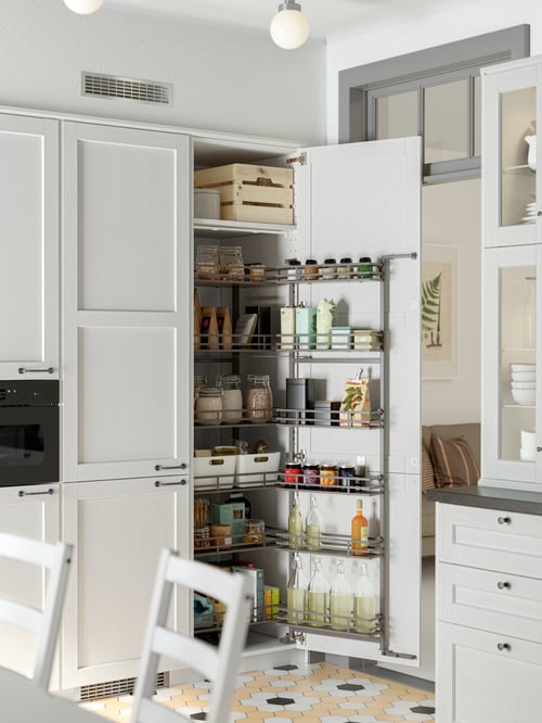 An UTRUSTA pull-out larder in a tall white kitchen cabinet filled with different types of dry food on each shelf.