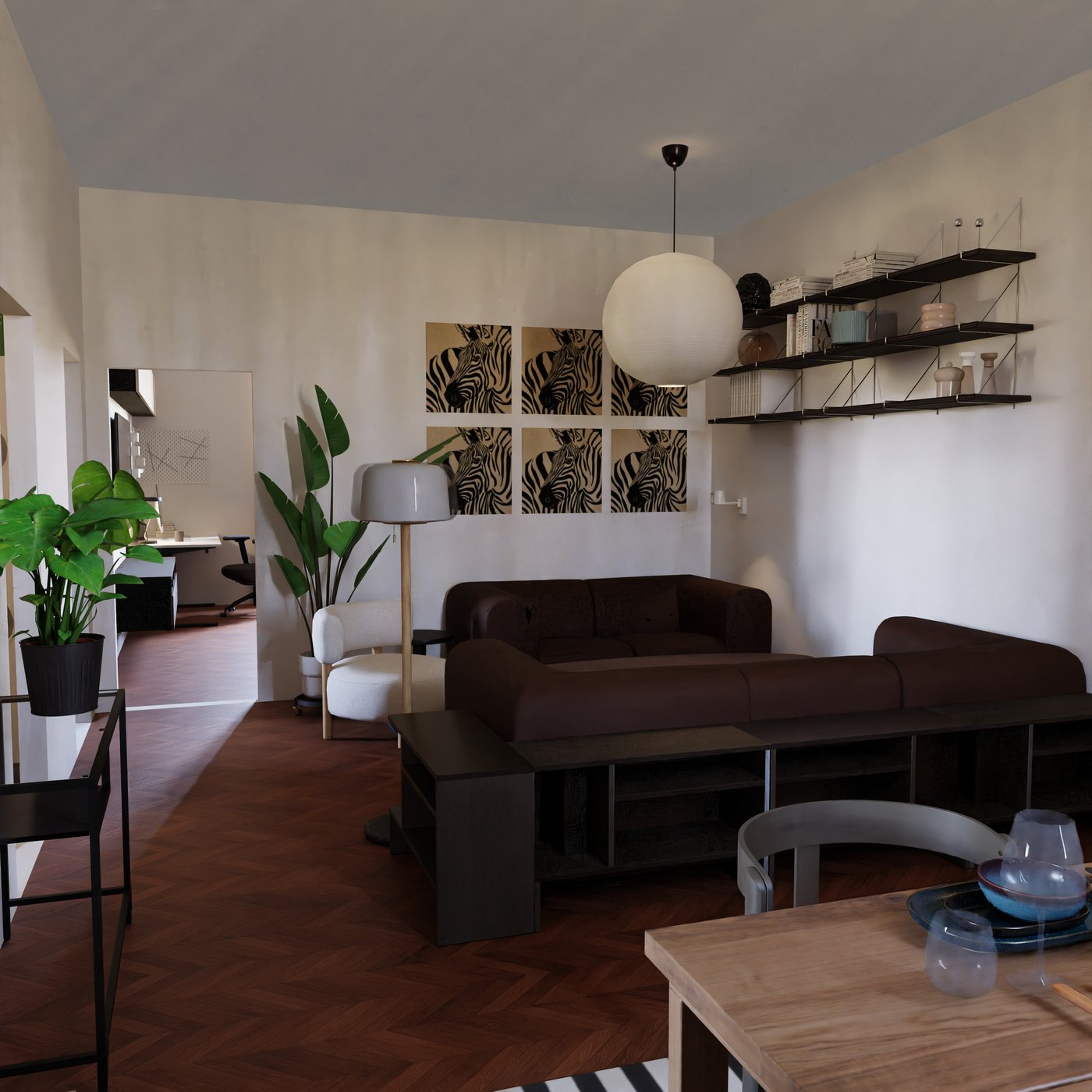 Sofaecke mit braunen Soofas und regalen an der Wand