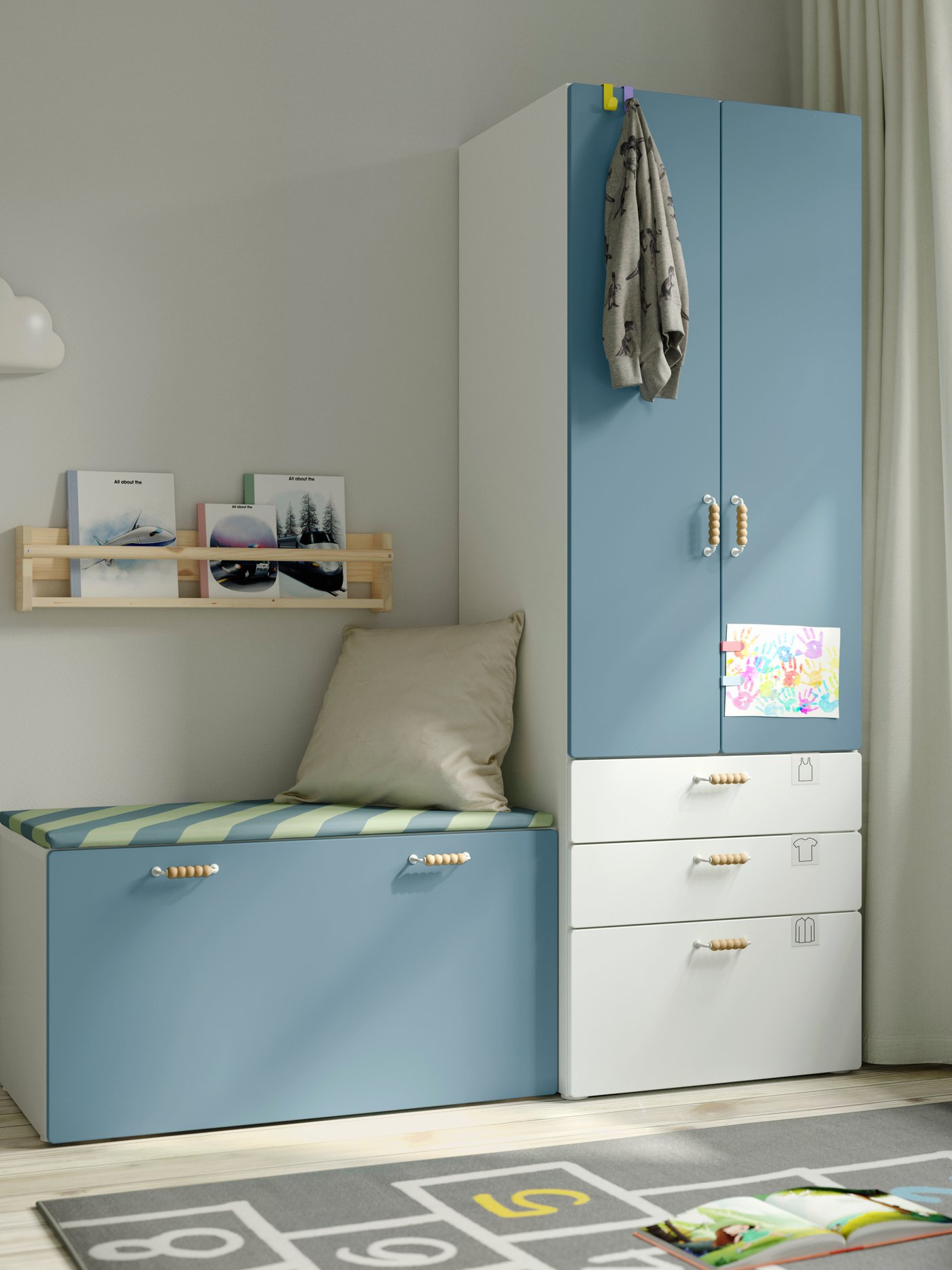 A white blue/with bench PLATSA storage combination