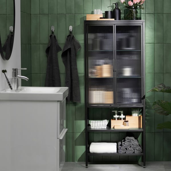 An anthracite MOSSJÖN glass-door cabinet with 2 doors