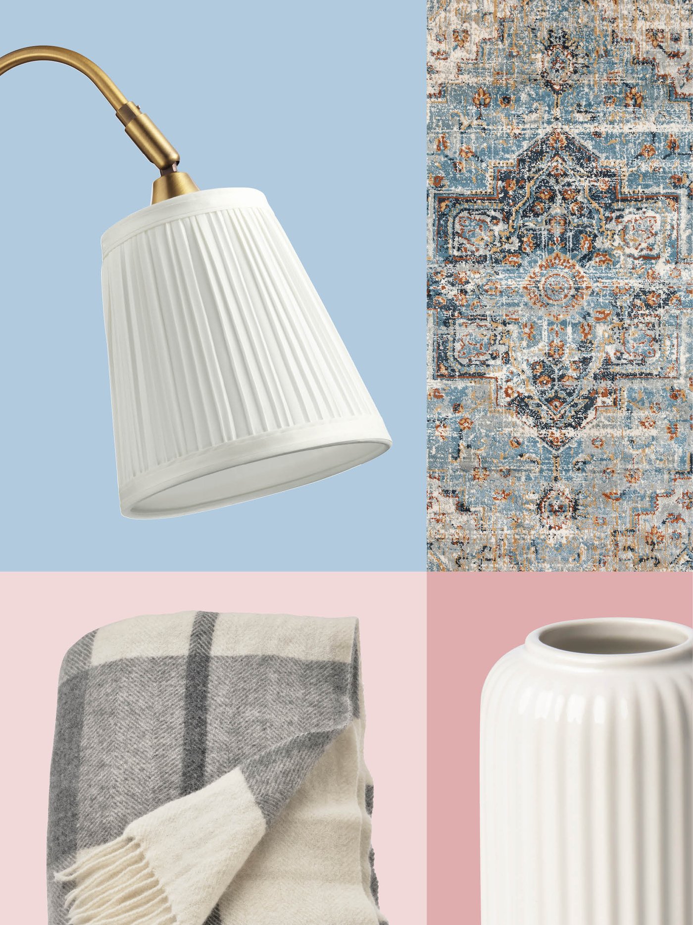 A mix of a ribbed white vase, a classic lampshade, a soft throw and an oriental‑inspired rug showcases the timeless, cozy atmosphere you can create with IKEA accessories.
