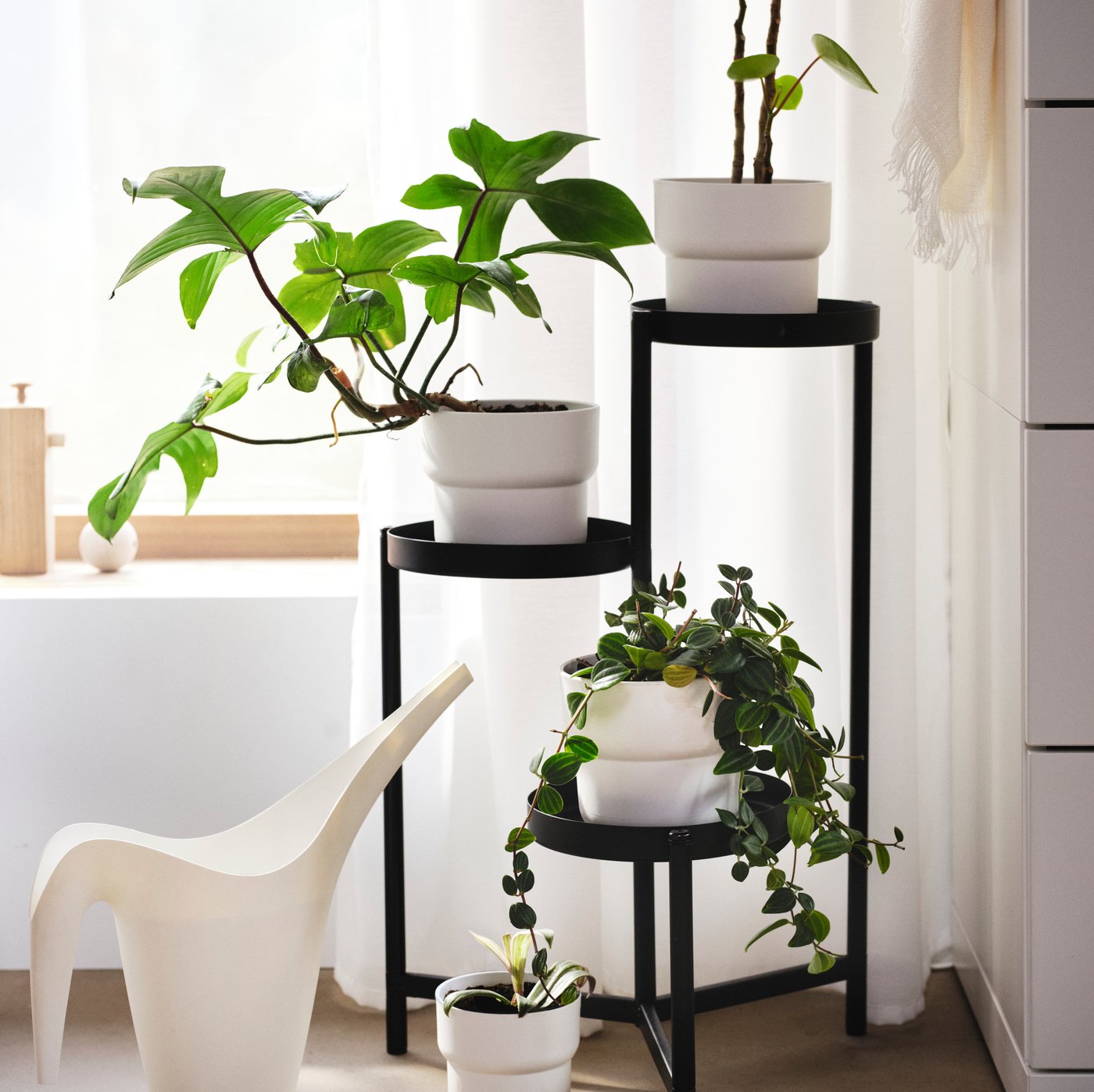 A black OLIVBLAD plant stant with white plant pots with green plants.