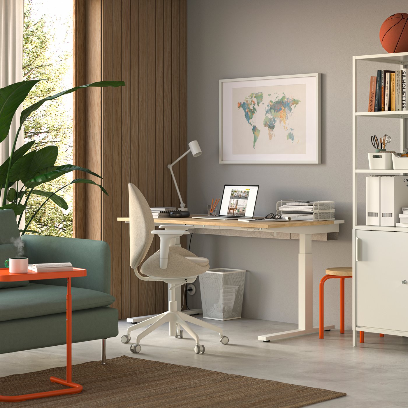 An electric oak veneer/white MITTZON desk sit/stand