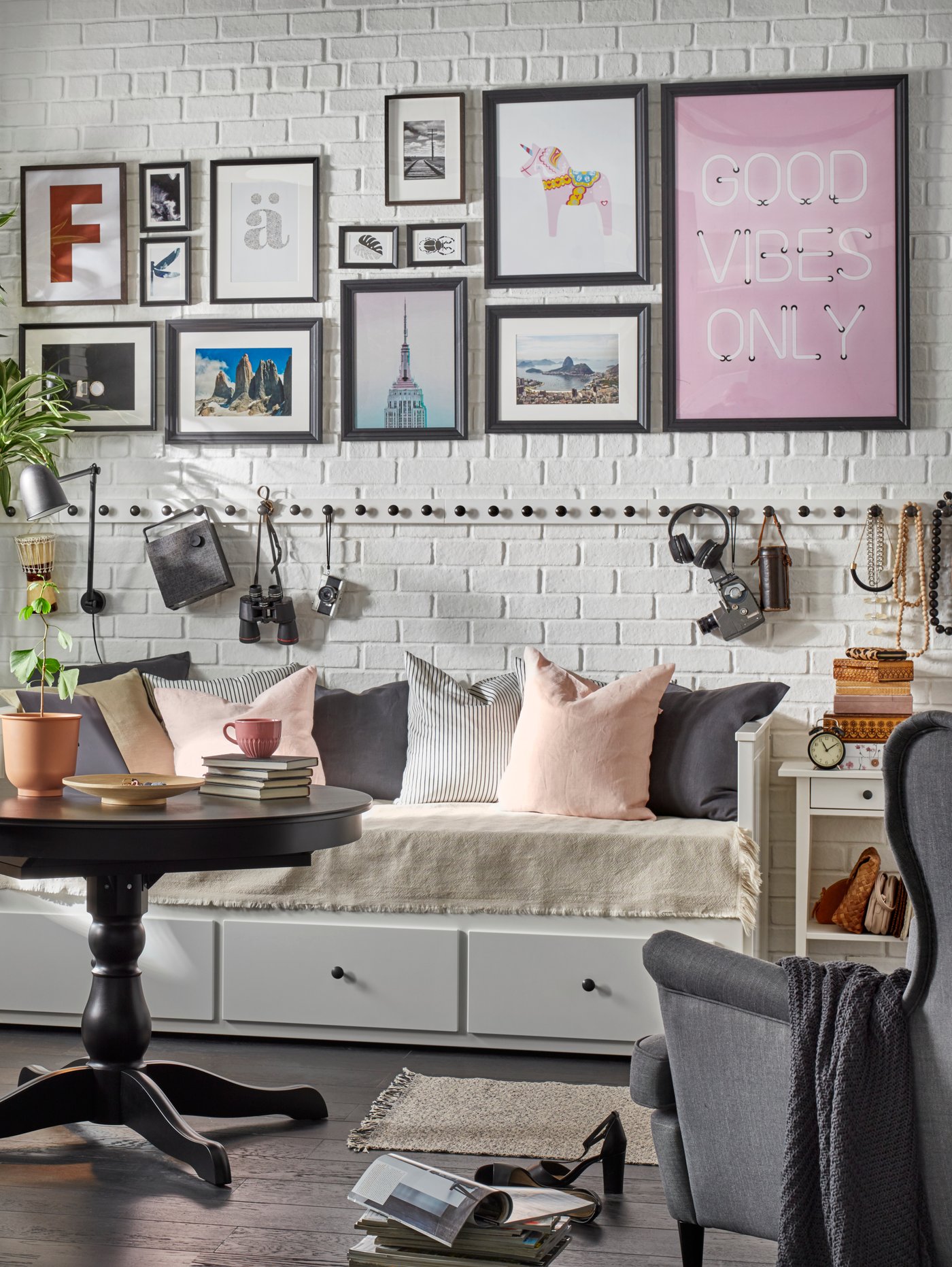 A white stain HEMNES bedside table in the living room