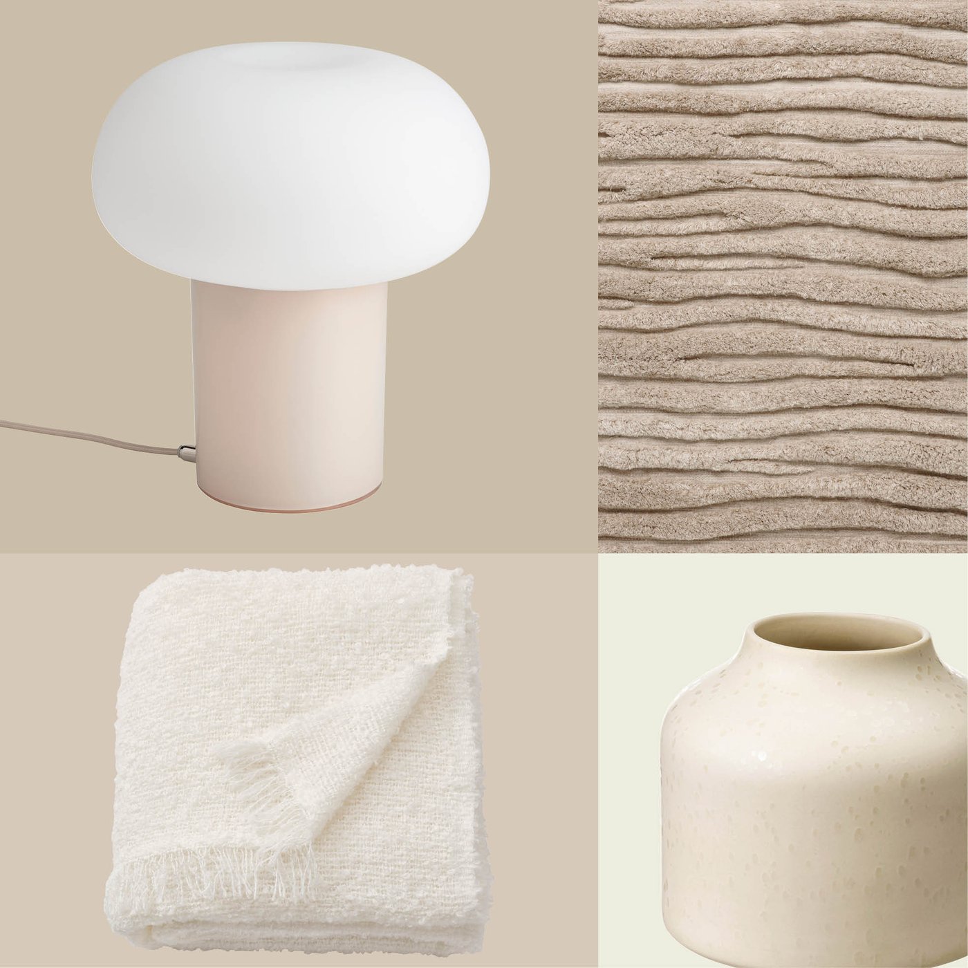 Une combinaison apaisante d'un plaid crème doux, d'un vase beige texturé, d'une lampe blanche arrondie et d'un tapis côtelé reflète l'atmosphère naturelle et sereine que vous pouvez créer avec les accessoires IKEA.
