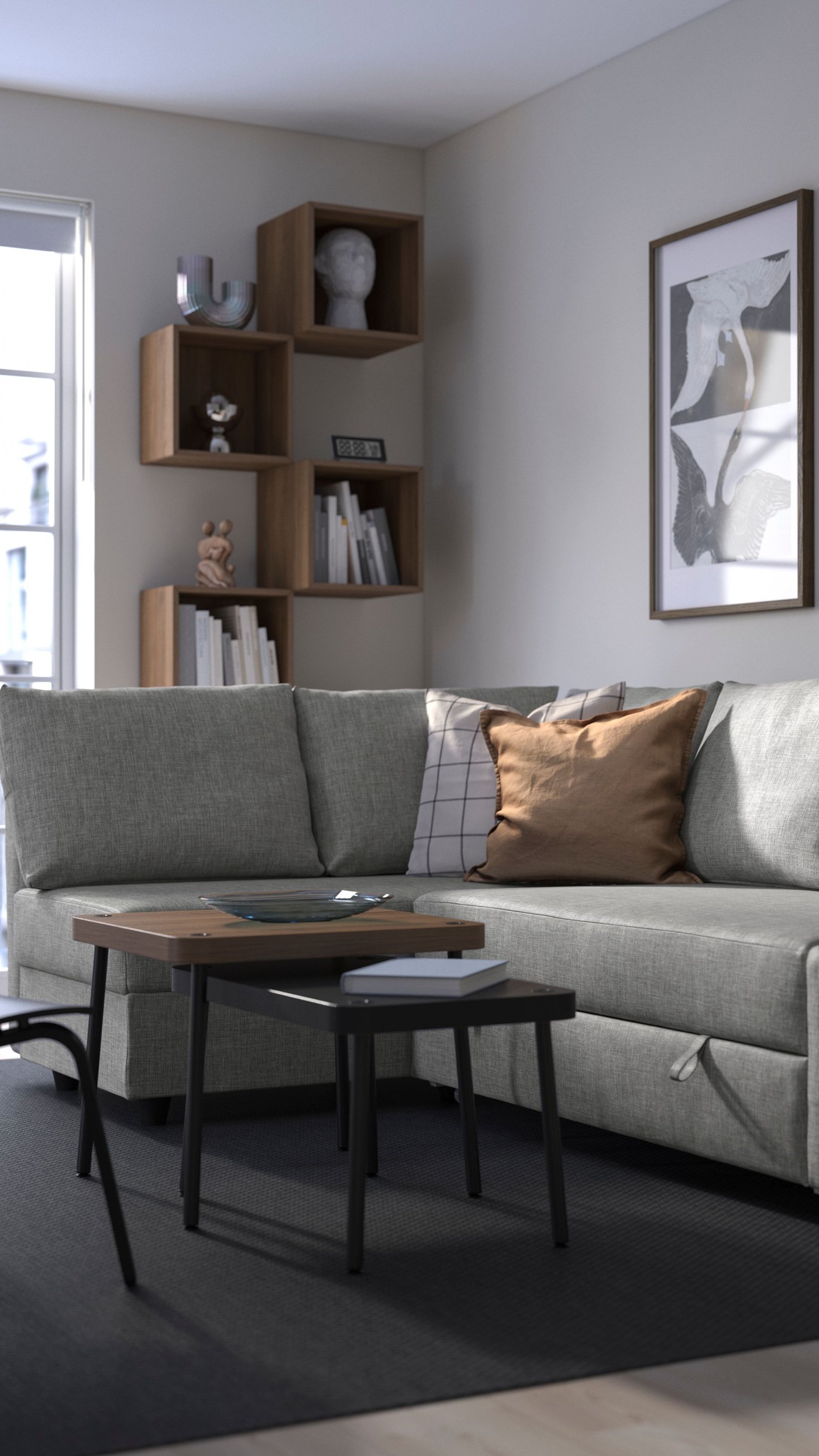 A Faringe light grey FRIHETEN seat section for corner sofa-bed in the living room