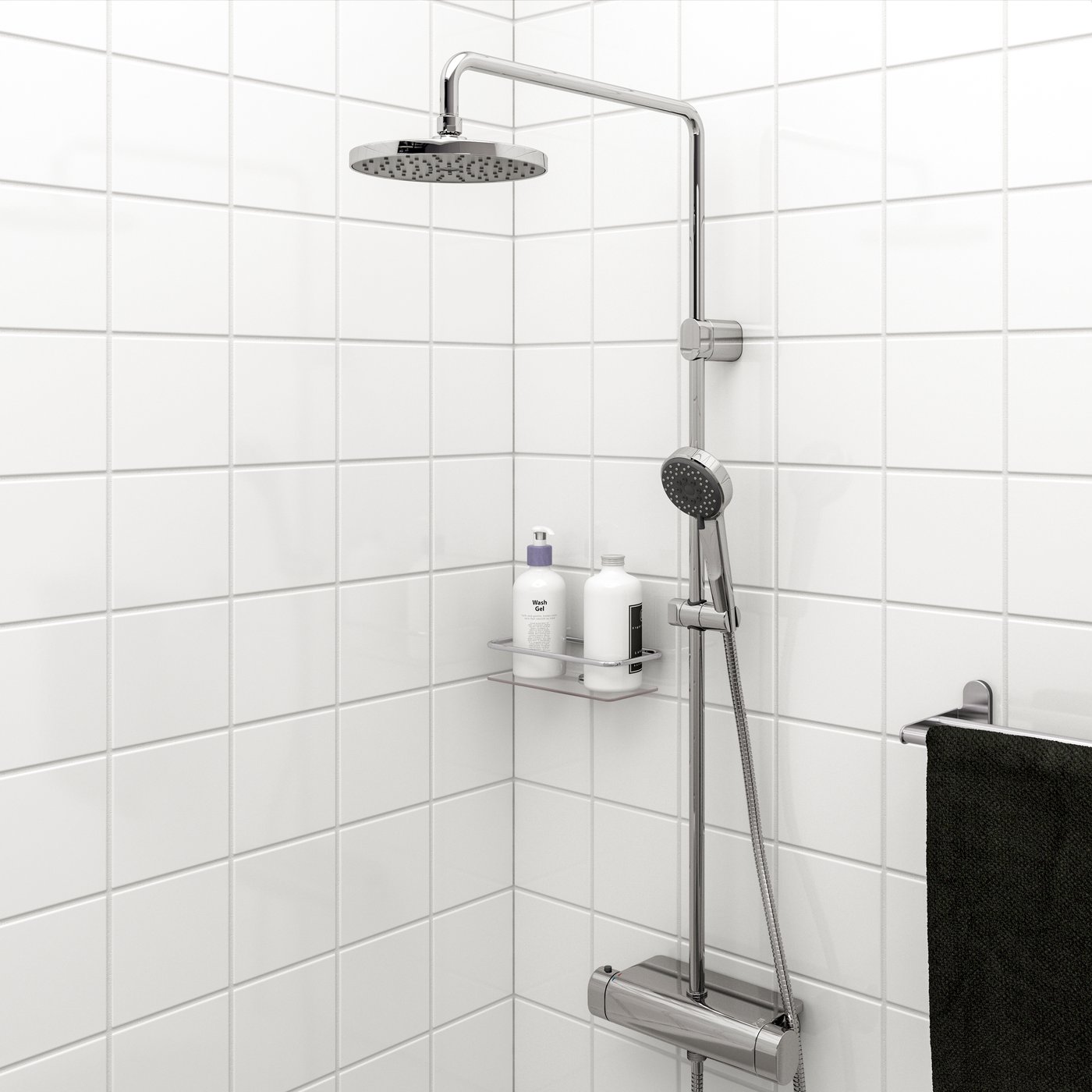 A chrome-plated BROGRUND shower set with thermostatic mixer in the bathroom