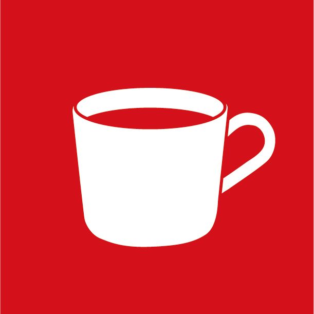 En vit kaffemuggsymbol mot en klarröd färgad bakgrund.