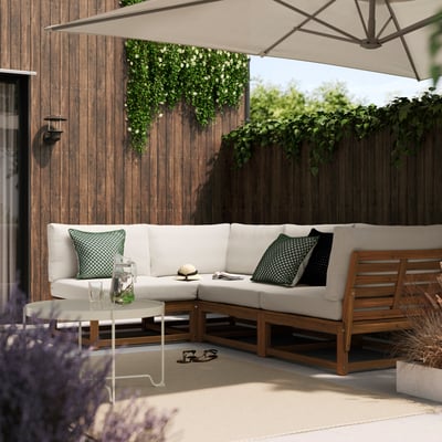 NÄMMARÖ Corner sofa, 3-seat, outdoor light brown stained/Frösön/Duvholmen beige, 264 cm