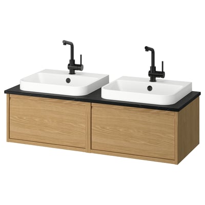 ÄNGSJÖN double bathroom vanity, oak & black, two square sinks, modern design.