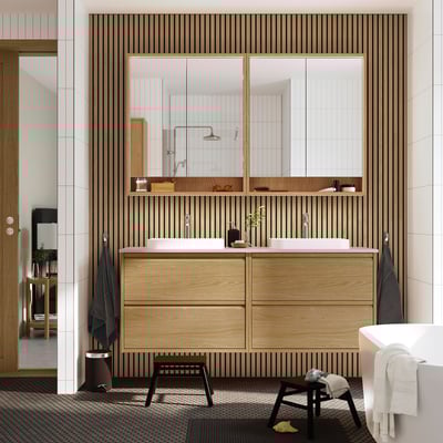 Modern oak ÄNGSJÖN double vanity with mirrors and towel hooks.