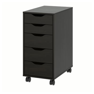 A black ALEX drawer unit with five drawers on wheels. Modern, mobile storage for an organized workspace.