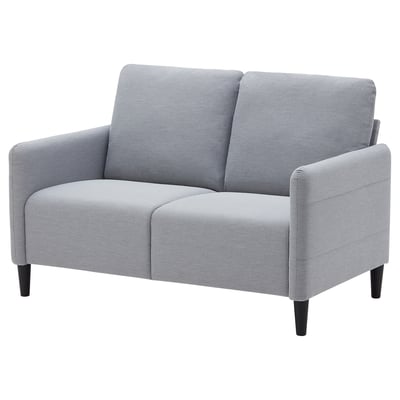 Light grey ANGERSBY loveseat, modern, compact design with soft cushions.