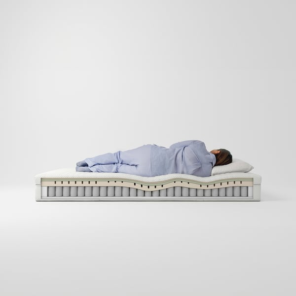 Person sleeping on blue ÅNNELAND mattress, hybrid design with pocket springs and foam layers.