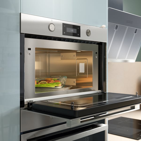 Stainless steel microwave with digital display.