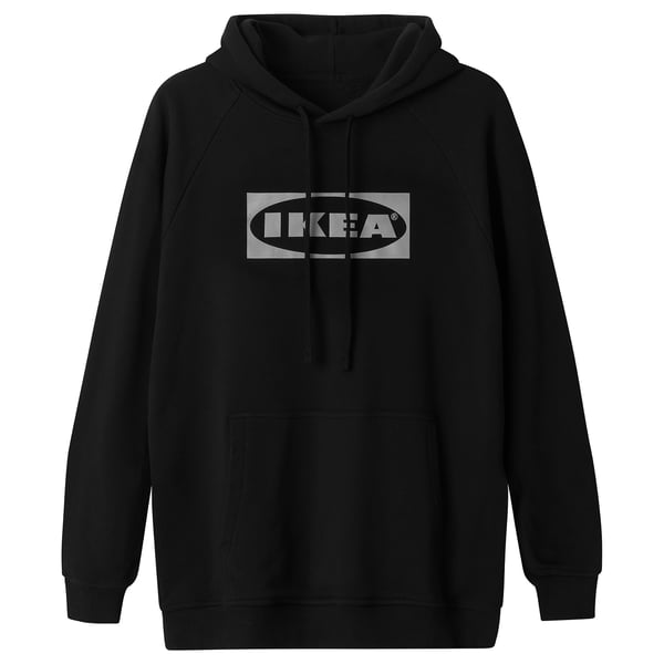 Black IKEA hoodie, soft cotton, casual fit, drawstring hood, front pocket, grey IKEA logo.