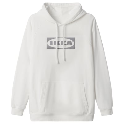 White IKEA hoodie, soft cotton, drawstring hood, front pocket, grey IKEA logo.