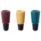 Three colorful silicone and plastic bottle stoppers; red, yellow, blue, ribbed design.