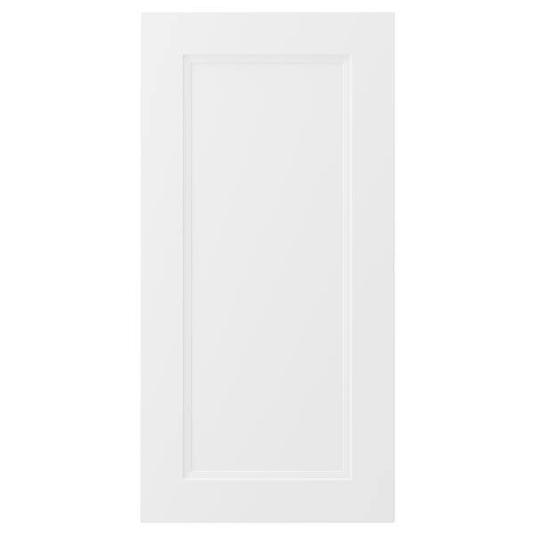 A white kitchen cabinet door with a classic design. It has a smooth, rectangular shape with a central inset panel.